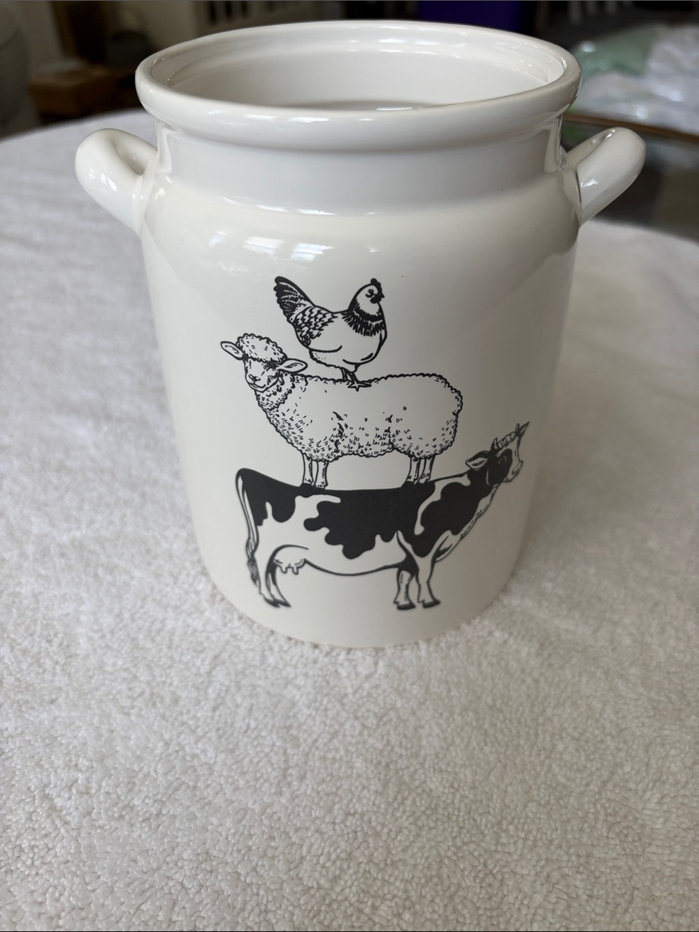 Cream Ceramic Farm Animal Utensil Crock with Cow, Sheep & Chicken Design